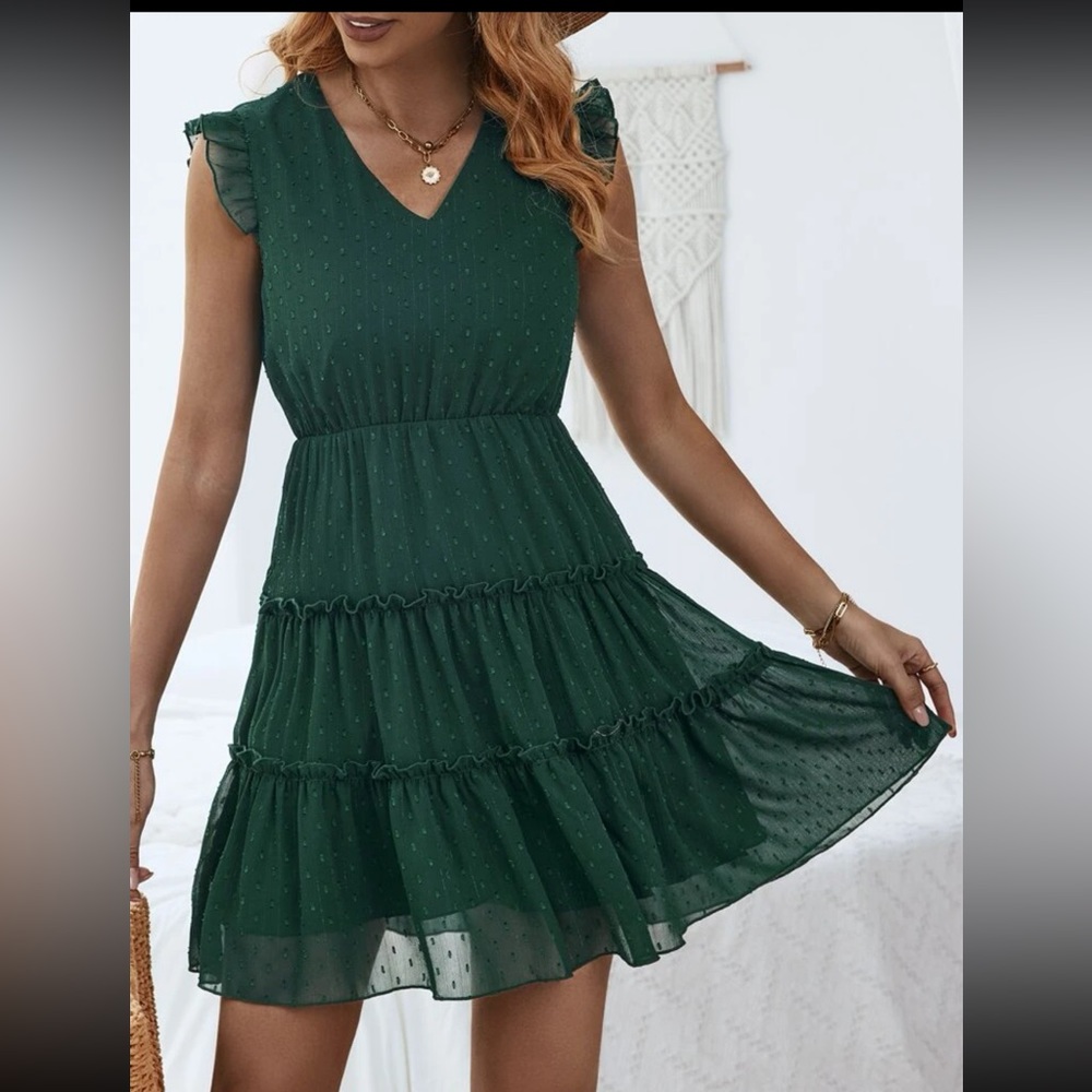 Shein Swiss Dot Layered Frill Hem Dress in Dark Green (US12 - XL)